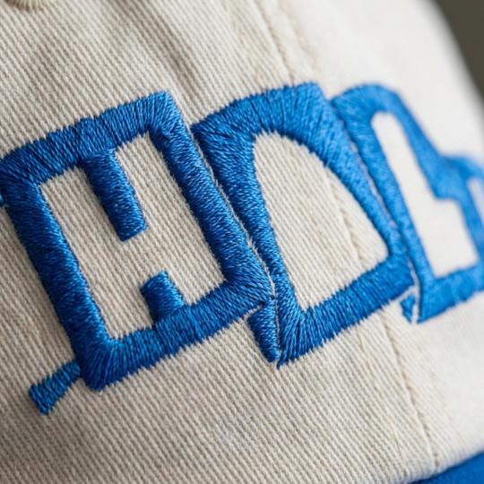 Raised blue embroidery on cream twill