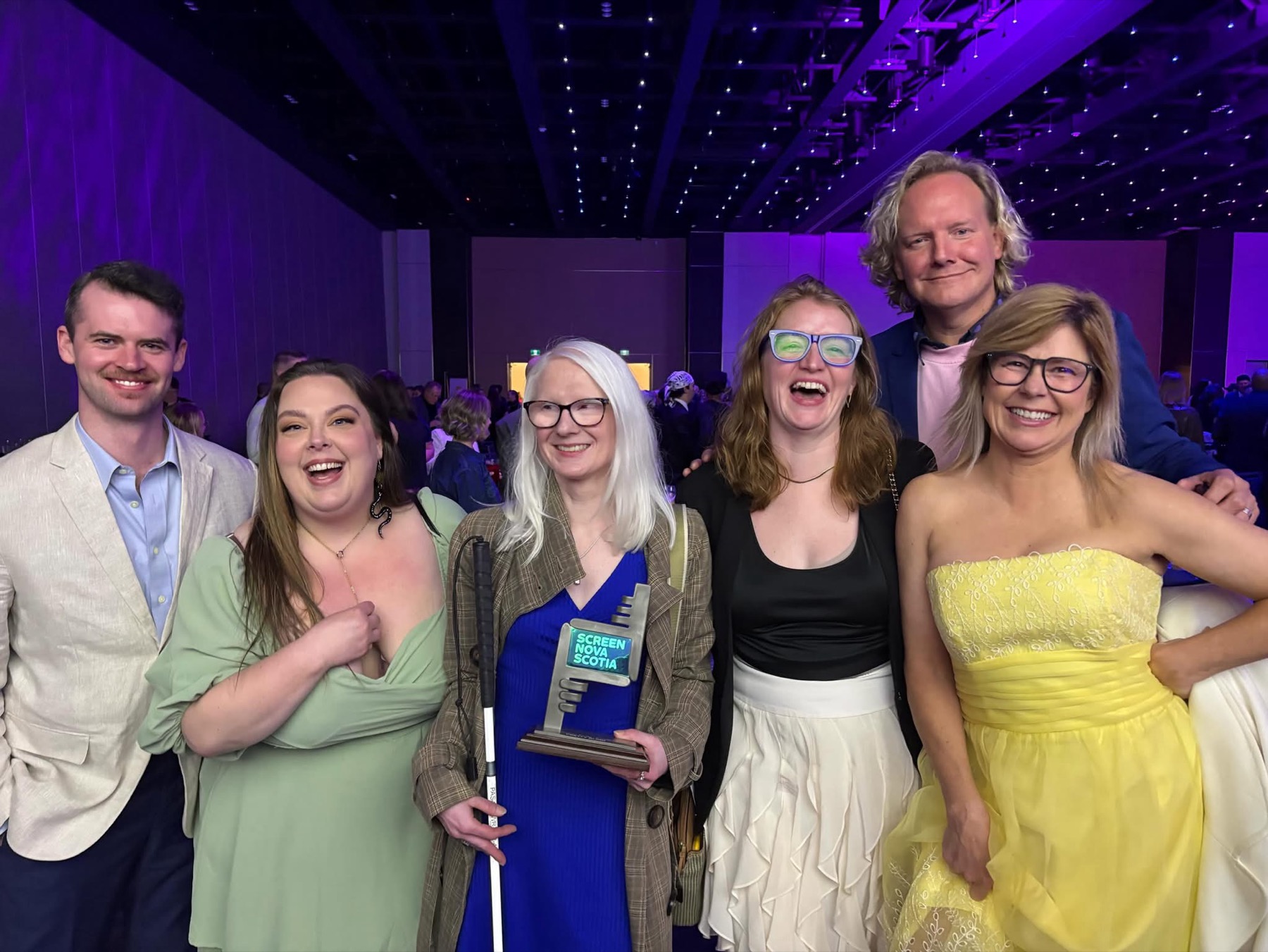 Jacob Hemphill, Jessica Barry, Jennie Bovard, Jenna MacMillan, Jonathan Torrens and M.J. Miller celebrating with a Screen Nova Scotia Award