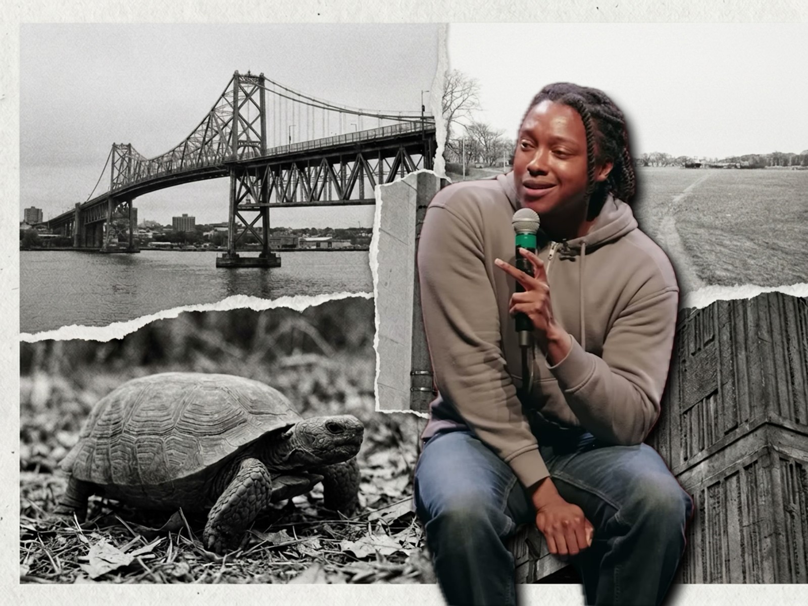 Josh Johnson against a black and white collage of Halifax: the Macdonald Bridge, the Halifax Common, and a tortoise